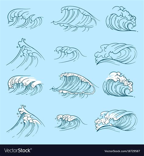 Sketch Ocean Waves Hand Drawn Sea Storm Wave Isolated Vector