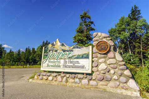 Welcome To Jasper Welcoming Sign To The Town Alberta Canada Stock