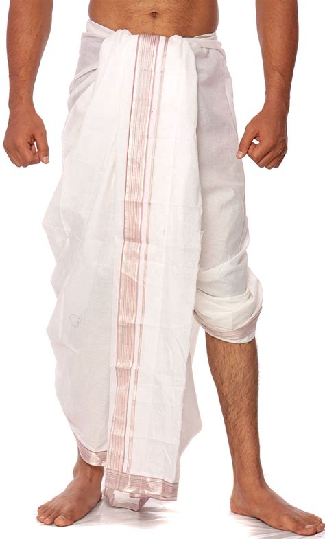 White Dhoti From Kerala With Silver Weave On Border