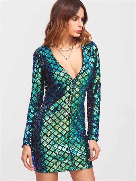 Peacock Green Deep V Neck Sequin Bodycon Dress Sheinsheinside