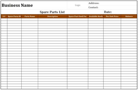 Spare Parts List Template Free Word And Excel Templates