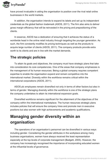 Managing Gender Diversity In Asos Plc 2502 Words Report Example