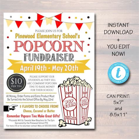 Editable Popcorn Fundraiser Flyer Printable Pta Pto School Church