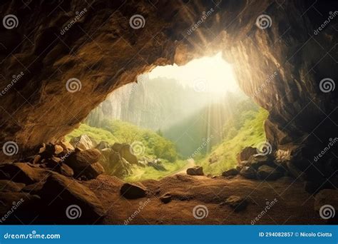 Sunlit Mountain Cave Panorama Stock Illustration Illustration Of
