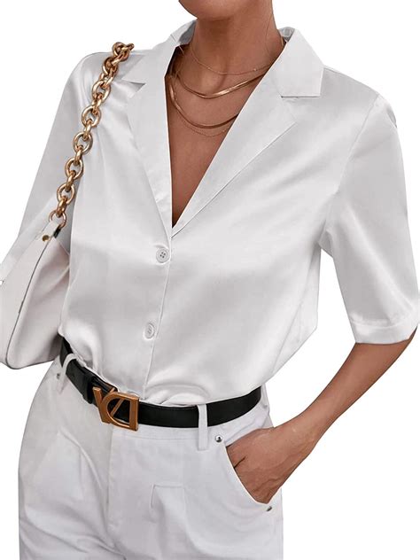 Women Blouse Satin Silk Short Sleeve Blouse Shirt Button Down Tops
