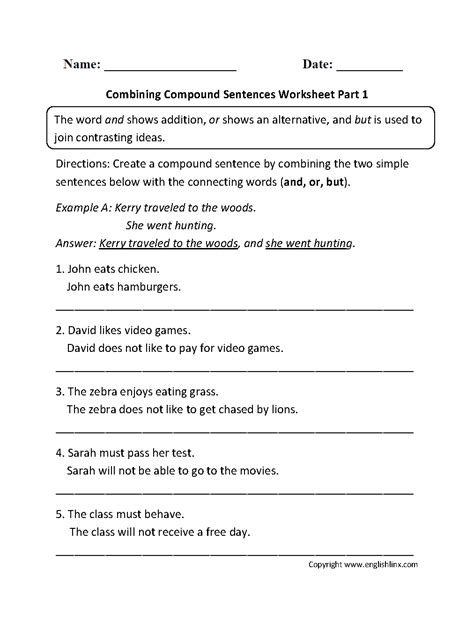 Combine the following sentences with a coordinating sentence combining with subjects and verbs. Combining Compound Sentences Worksheet Part 1 | Compound ...