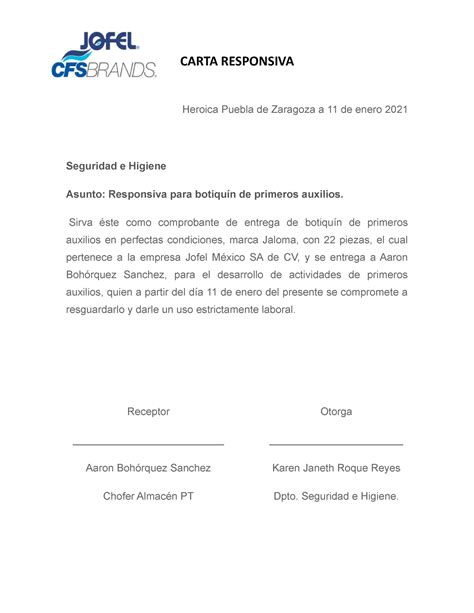 Carta Responsiva DE Botiquines CARTA RESPONSIVA Heroica Puebla De Zaragoza A De Enero