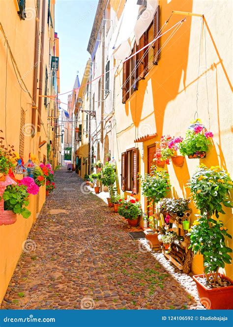 A Narrow Alley Decorated With Beautiful Flowers In Alghero Sardinia