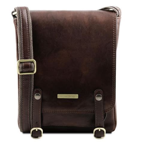 Roby Leather Crossbody Bag For Men With Front Straps Dark Brown Tl141406