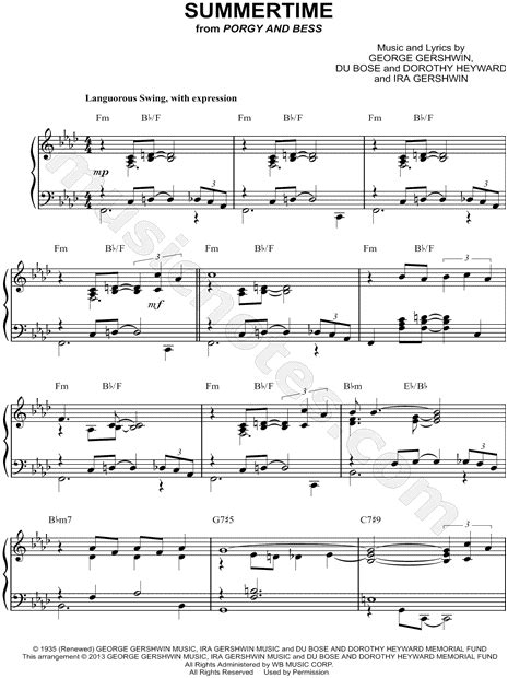 George Gershwin Summertime Sheet Music Piano Solo In F Minor