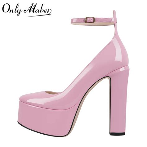 onlymaker women pumps mary jane platform pink chunky high heels ankle strap dress party hoof