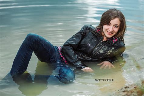 Swimming By Happy Girl In Soaking Wet Jeans Leather Jacket And Shoes Wetfoto Com