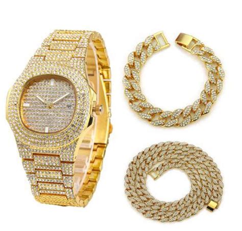 Necklace Watch Bracelet Hip Hop Miami Curb Cuban Chain Gold Silver Iced