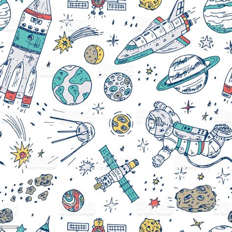 Hand Drawn Space Doodle Vector Seamless Pattern Stock Illustration ...