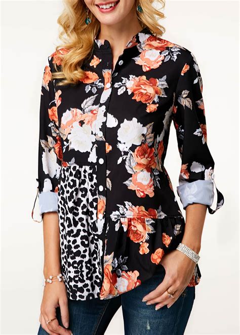 Long Sleeve Flower Print Button Up Blouse Clothes Flower Print