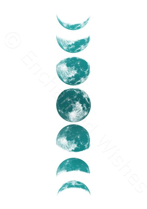 Three Phases Of The Moon In Teal Green On White Paper With Black Ink