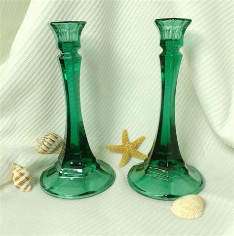 green glass candle holder pair mid century candlestick emerald coastal cottage t