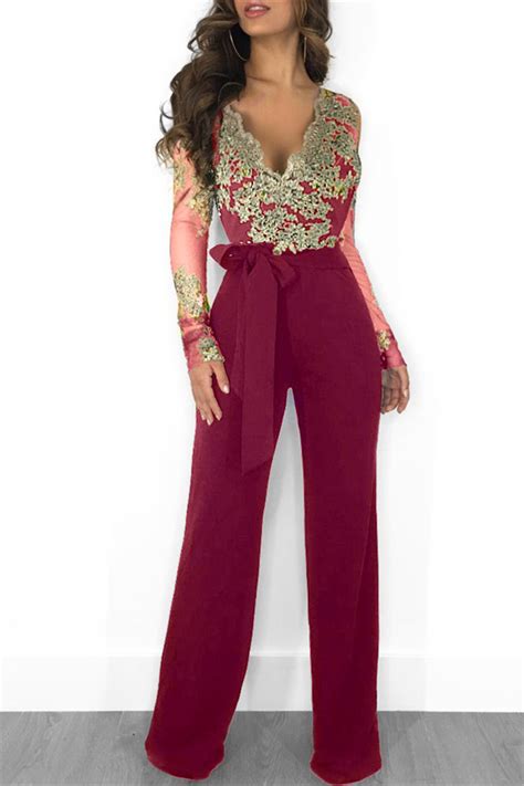 Wine Red Fashion Sexy V Neck Long Sleeve Regular Sleeve Regular Embroidery Jumpsuits Jumpsuits