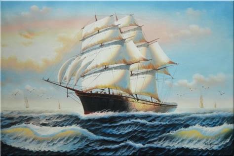 Three Masted Full Rigged Sailing Ship On Sea Oil Painting