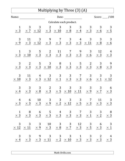 Printable Multiplication 3's Worksheet