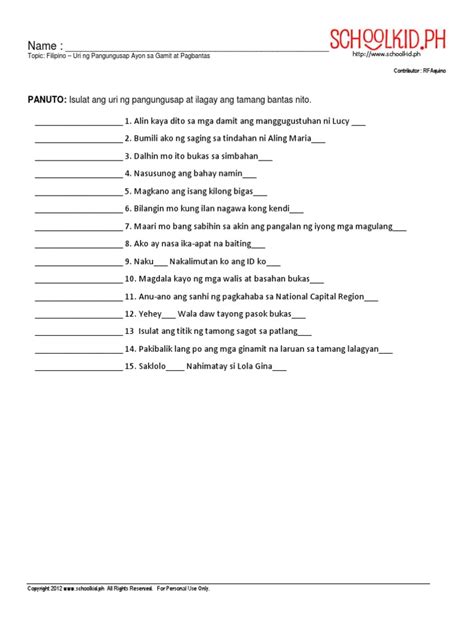 Uri Ng Pangungusap Worksheet Sample Lesson Plan In Filipino Grade 4