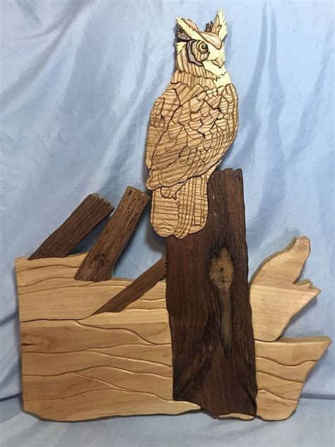 Intarsia Wood Owl Art Signed By Local Artist Wall Decor Cabin Man Cave