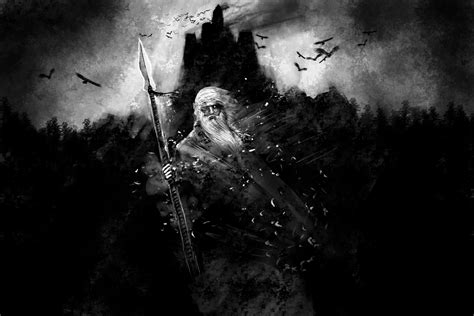 Wallpaper Painting Vikings Raven Odin Gungnir Darkness