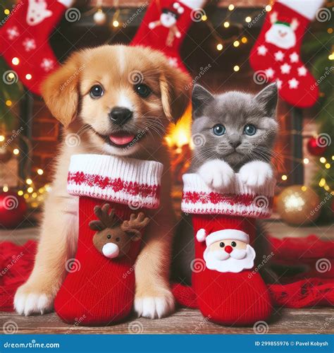Dog And Cat And Kitens Wearing A Santa Hat Christmas Dog And Cat Stock
