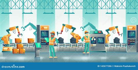 Factory Robotized Production Line Cartoon Vector
