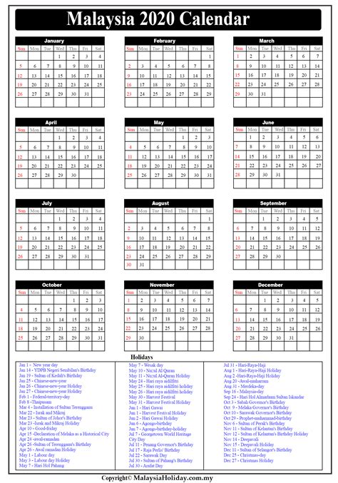 2020 Malaysia Monthly Calendar With Notes Free Printable Templates