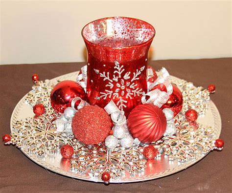 Christmas Candle Centerpiece Red And Silver Snowflake Holiday
