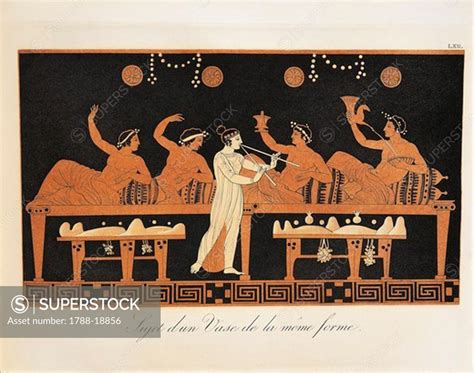 Scene From Ancient Greek Vase With Banquet Scene In A Triclinium With