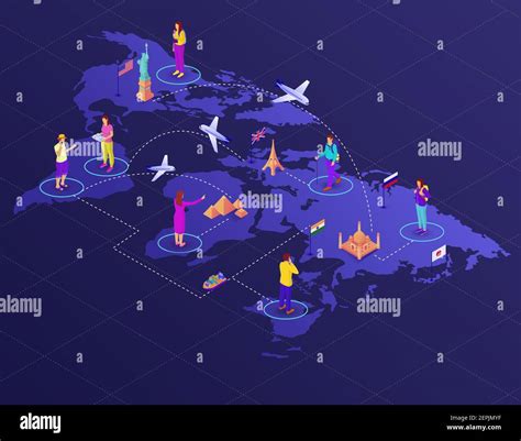 World Map With Routes And Tourists Isometric Illustration Travel To