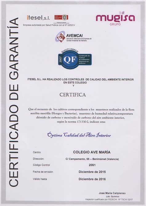 Certificado De GarantÍa Colegio El Ave María Benimámet Valencia