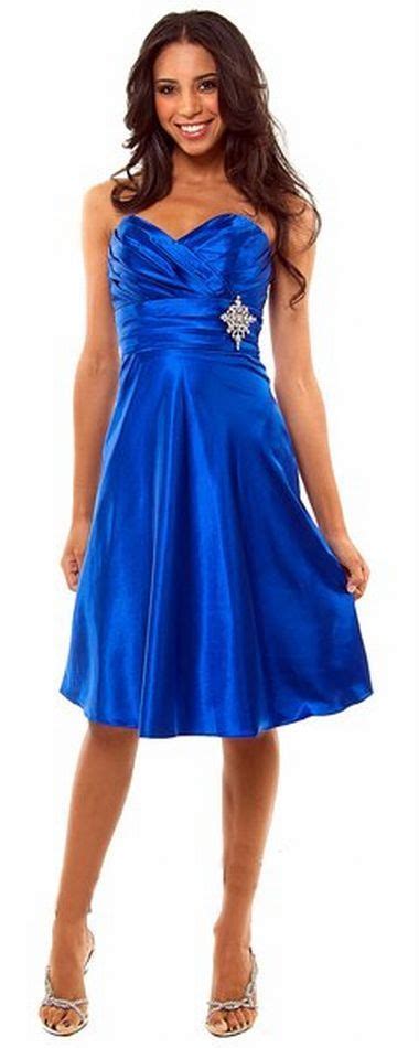 Strapless Royal Blue Bridesmaid Dress Knee Length Sweetheart Brooch Satin Go Royal Blue