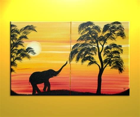 African Elephant Silhouette Painting Sunset Tree Art Original Dusk