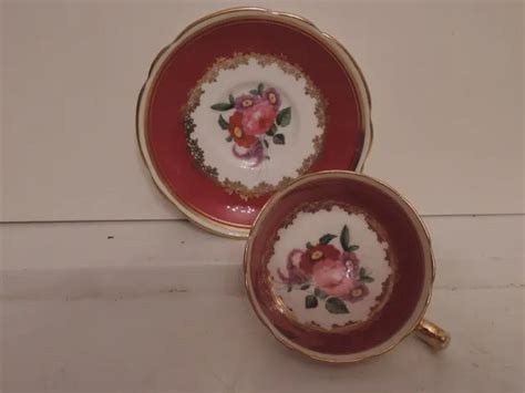 Vintage Petite Paragon Red Gold Cup Saucer Pink Roses Teacup Fine