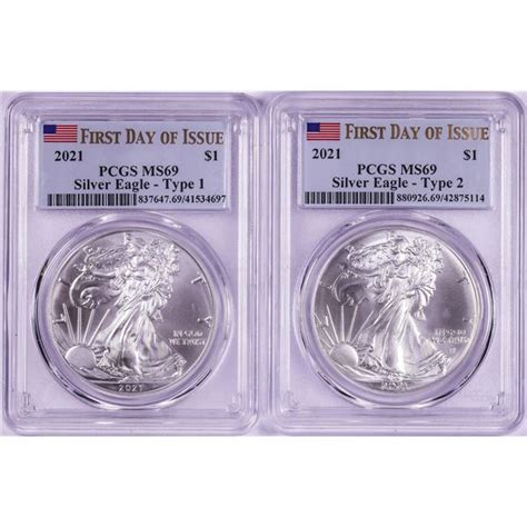Lot Of 2021 Type 1 And 2 1 American Silver Eagle Coins Pcgs Ms69 First