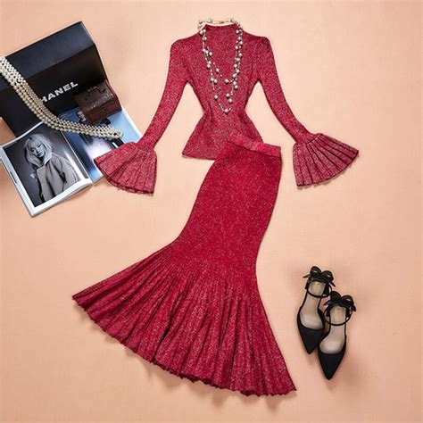 2018 Classic Design Elegant Lady Women Knitted 2 Pieces Set Flare
