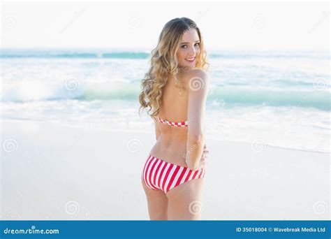 Cute Blonde Woman Posing Wearing A Red Bikini Stock Photo Image Of