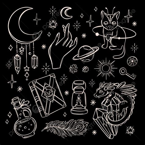 Witch Symbols Occult Mystical Astrological Vector Sketch Set Occult