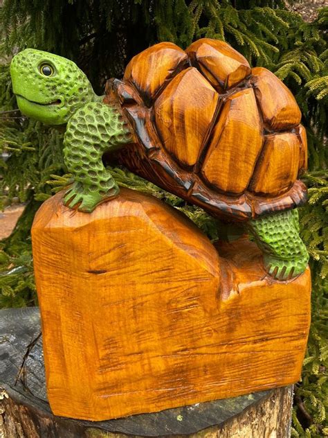 Turtle Chainsaw Carving White Pine Wood Carved Tortoise Statue Original
