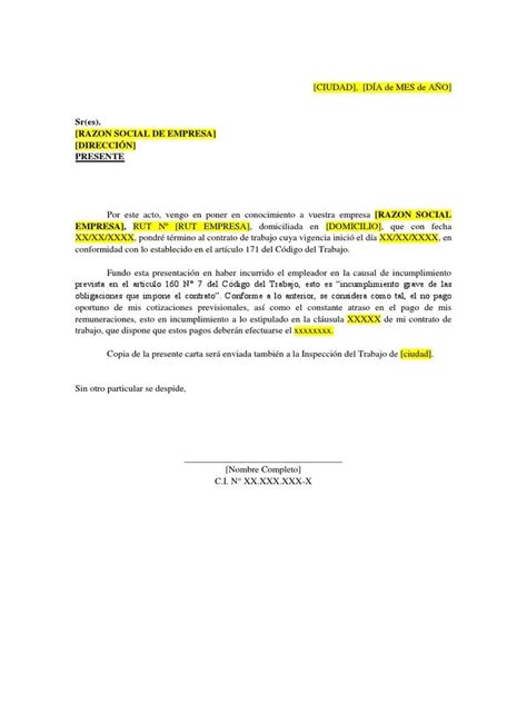 Modelo Carta Aviso Despido 30 Dias Chile Financial Report