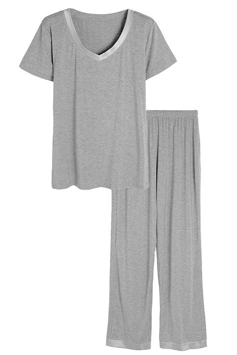 Women S V Neck Sleepwear Short Sleeves Top With Pants Pajama Set Light Gray C812n39zaph