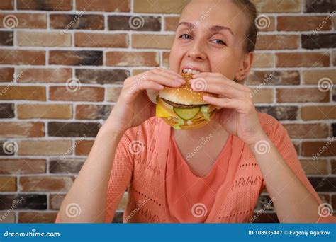 Woman Eating Big Burger And Smiling Stock Image Image Of Diet French 108935447