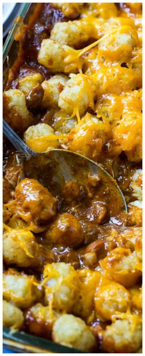 In a large bowl mix together the sliced hot dogs, one cup of the cheese, and both cans of chili. Tacky Scorching Canine Tater Tot Casserole | Hot dog ...