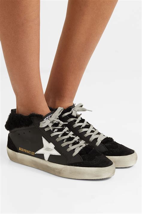 Black Mid Star Shearling Lined Distressed Leather And Suede Sneakers