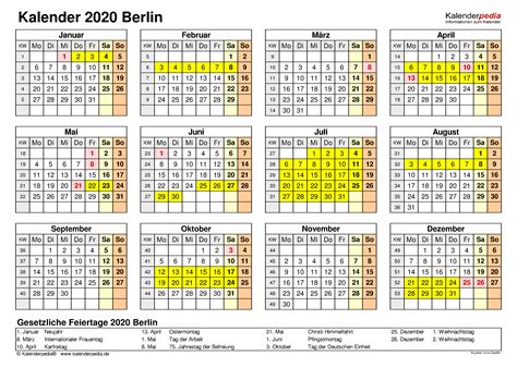 Kalender 2020 Berlin Ferien Feiertage Pdf Vorlagen