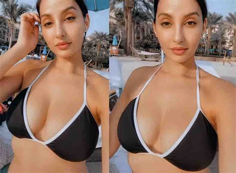 Sexy Selfies Of Nora Fatehi In Black Bikini Bra Filmy19