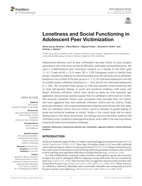 Pdf Loneliness And Social Functioning In Adolescent Peer Victimization
